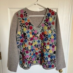 Gray wool Talbots sweater with colorful flower embroidery